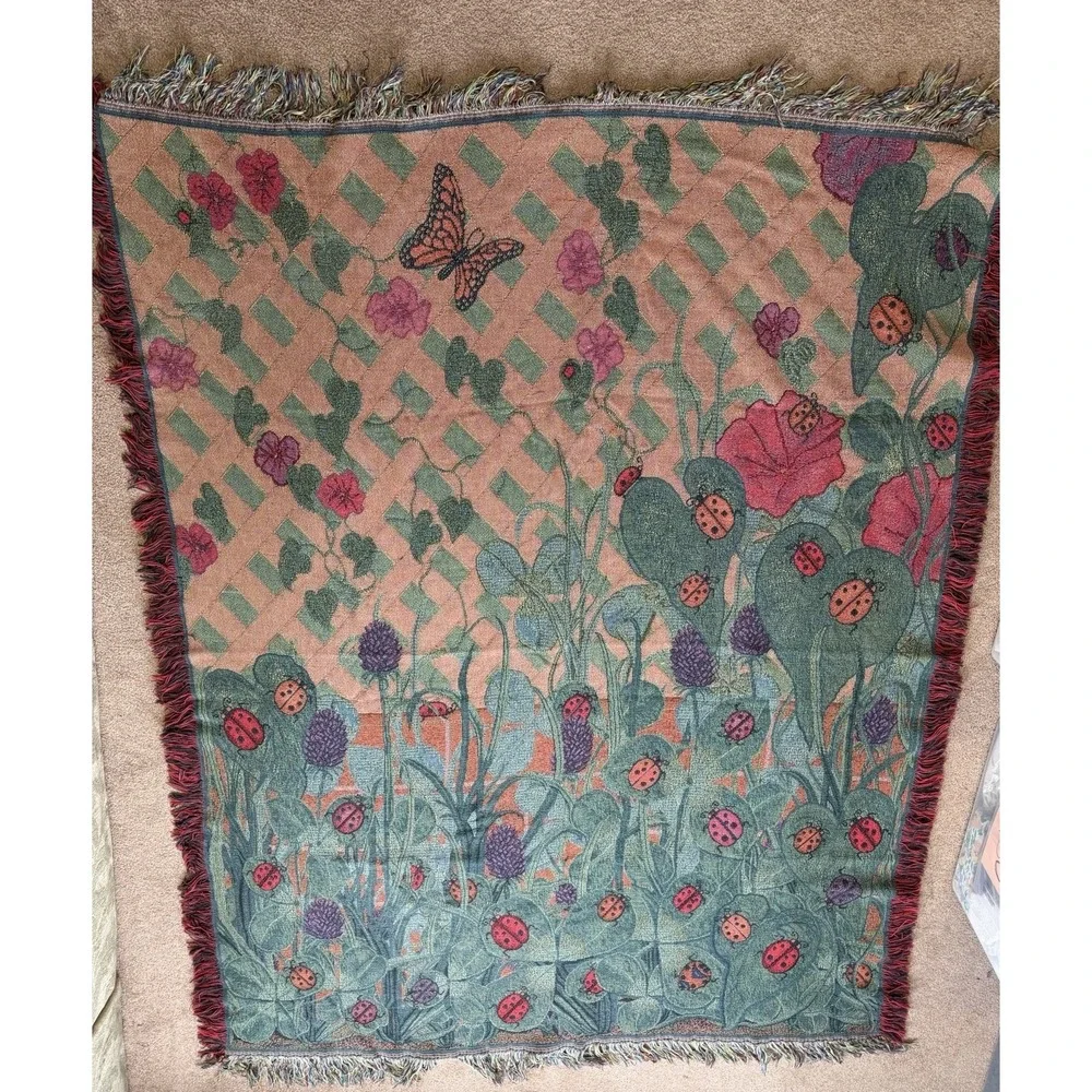 Lady Bug Butterfly Boho Vtg Woven Blanket Throw fringe Red Green 58.5